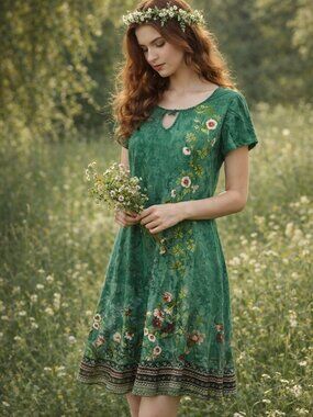 Hotouch Green Floral Fairycore Shift Dress Keyhole Neck Flutter Sleeves M